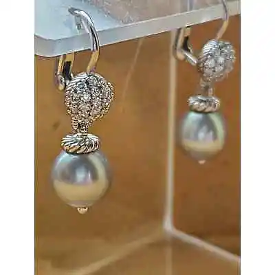 Judith Ripka Gray Cultured Pearl CZ Drop Sterling Silver Dangling Earrings  • $200