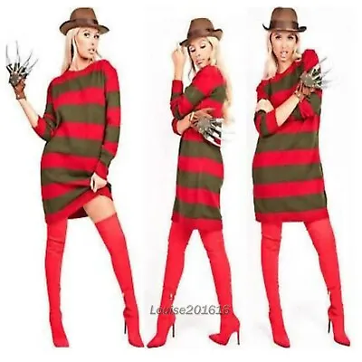 £13.50 • Buy Women's Halloween Horror Freddy Kruger Style  Red Green Stripe Knitted Jumper UK