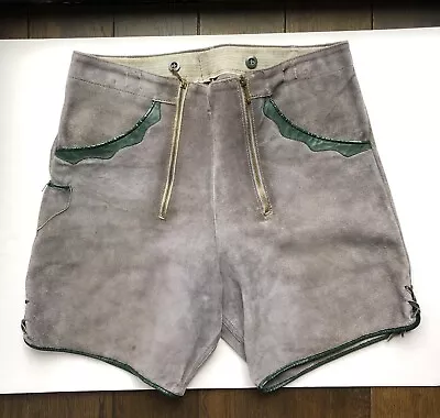 Vtg Authentic German Lederhosen Shorts Suede Leather Mens Waist 32 Gray Green • $22.99