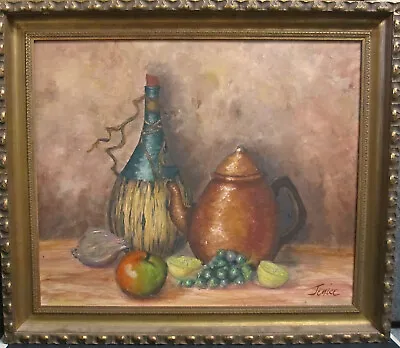  Still Life With Pot Wine And Fruits Signed Jenice Oil Painting On Board • $85