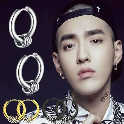 £3.96 • Buy Trendy Men's KPOP Jewelry Accessories Korean Round Stainless Steel Hoop Earrings