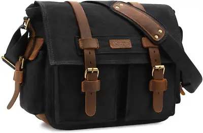 Leather Canvas Camera Bag Vintage DSLR SLR Messenger Shoulder Bag Black • $51.99