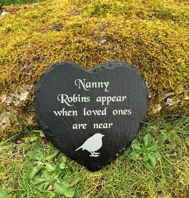 Personalised Engraved Slate Heart Robin Memorial Grave Marker Plaque - ANY NAME  • £8.99