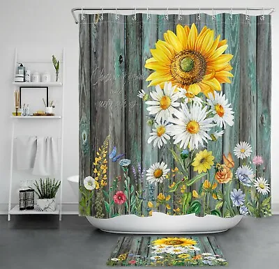  Rustic Board Daisy Sunflower Farmhouse Shower Curtain Bathroom Accessories Set • $9.99