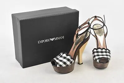 £29.99 • Buy Emporio Armani Wooden Platform Heels Shoes Black & White Gingham In Box UK5.5.
