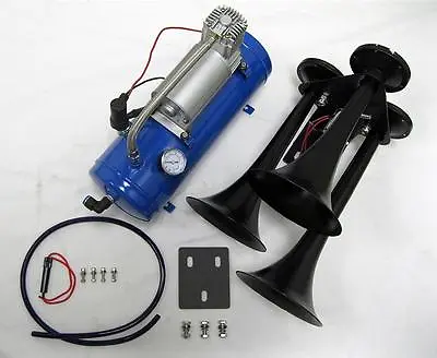 BLACK 12v Air Trumpet Horns Train Horn Three Triple MEGA 152db W Blue Compressor • $120.87