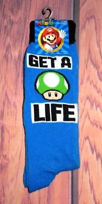 Mens Super Mario Get A Life Blue Crew Socks (shoe Size 6.5-12) • $8.70