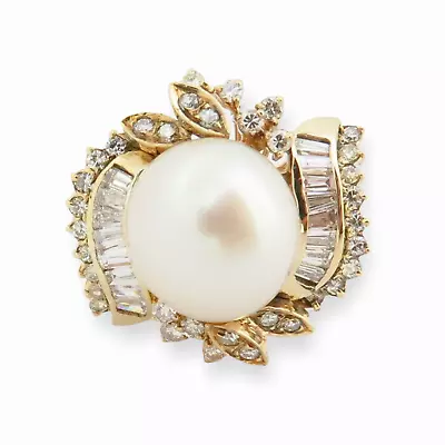 .Vintage 18ct Gold 12mm South Sea Pearl & Diamond Cocktail Ring N 1/2 Val $7990 • $1737.07