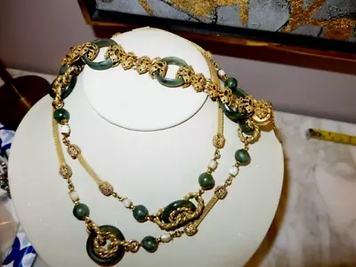 Vintage Signed Miriam Haskell Necklace & Bracelet Gilt & Faux Jade • $89.99