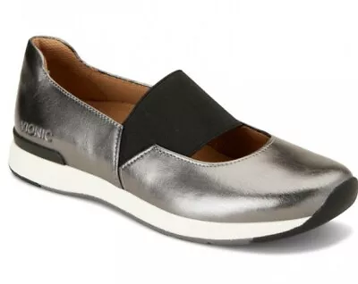 Vionic Women 6.5  Cadee Pewter Leather Mary Janes Sneaker Flats Ballet Shoes NEW • $49.95
