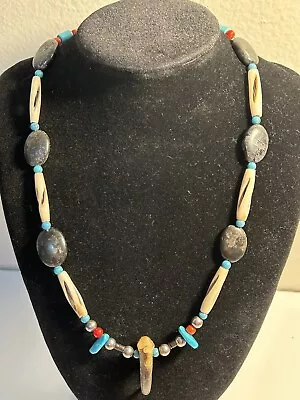 Vint. Native American Turquoise Bone Sterling Silver Beaded Claw Necklace  #114 • $35