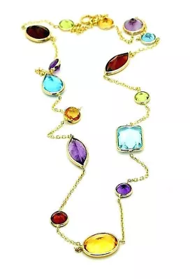 14K Yellow Gold Multi-Shaped Gemstone Station Necklace 20 Inches • $647.99