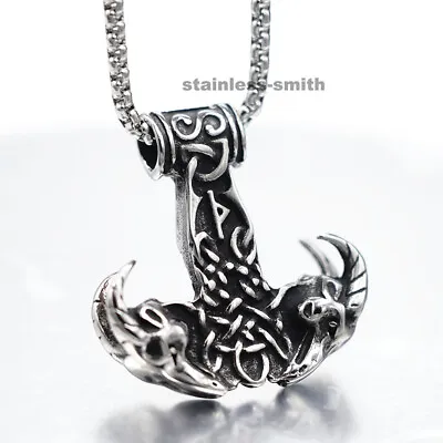 Stainless Steel Mens Viking Pagan Rune Ram Mjolnir Goat Head Pendant Necklace • $15.99