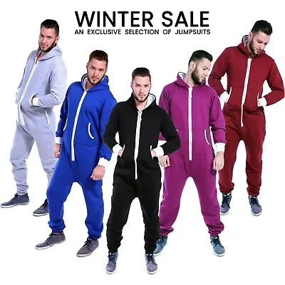 Unisex All In One 1Onesie Mens Plain Jumpsuits Full Zip Fleece Hooded Pajamas • £21.99