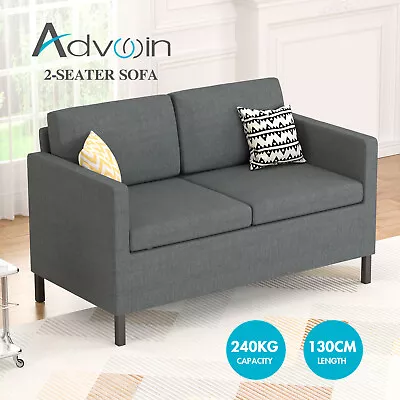 Advwin 2 Seater Sofa Lounge Linen Couch Armchair Compact Small Space Dark Grey • $289.90