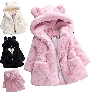 Baby Girls Kids Hooded Rabbit Coat Faux Fur Warm Jackets Outwear Winter Clothes • £13.99