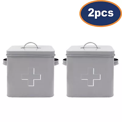 2Pcs Grey First Aid Box Storage Tin Metal Minimalist Container With Airtight Lid • £23.95