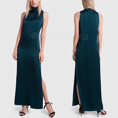G. LABEL By Goop Nneoma Marine Green Satin High Neck Slit Maxi Slip Dress Gown 6 • $549