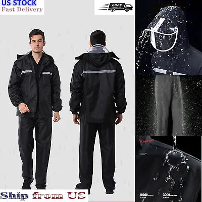 Mens Rain Suits Safety Black Jacket Pants Hooded Waterproof Fishing Raincoat US • $18.99