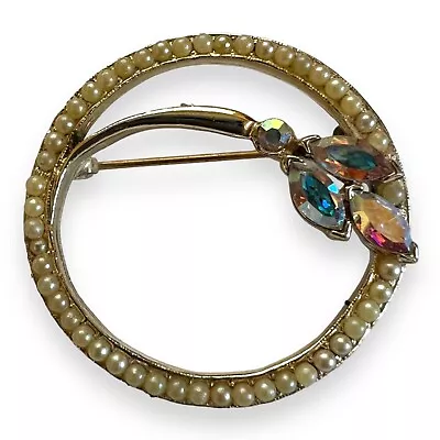 VTG Goldtone Faux Seed Pearl Iridescent Rhinestone Open Circle Estate Brooch Pin • $7.95