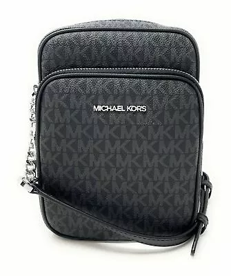 Michael Kors Jet Set Travel Black MK Signature PVC Medium Flight Crossbody Bag • $77.98