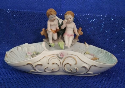 $19 • Buy Vintage Porcelain Bisque Cherub Centerpiece Vase Children Feeding Geese Swans 