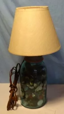 ** Vintage BLUE Mason Jar W ZINC LID - Unusual LAMP Light W LOTS Of OLD BUTTONS • $24.44