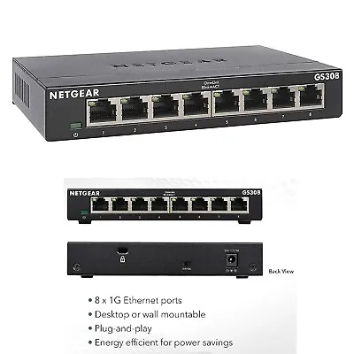 NETGEAR GS308 8-Port Gigabit Ethernet Network Switch Hub Internet Splitter   • £30.97