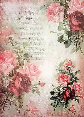  Rice Paper - For Decoupage - Sheet - Music And Roses  - Scrapbooking - Red • £1.99