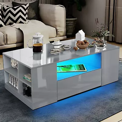 High Gloss Coffee Table With Storage 2 Drawer Wooden Living Room RGB LED Lights • £79.99