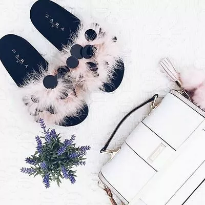 $65 • Buy Zara New Woman Pink Feather Embellished Sequin Slides Slip Ons Slippers 41