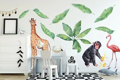 Giraffe Monkey Jungle Coconut Tree Palm Trees Wall Fabric Decal Sticker Decor • $62.75