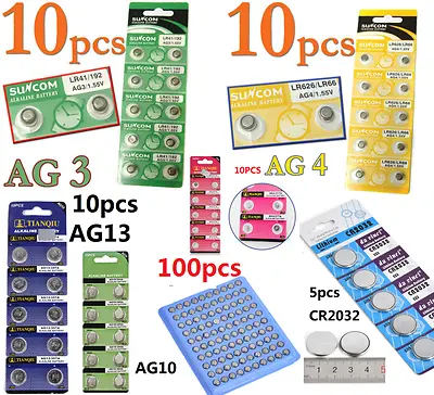 100pcs AG4 AG3 AG10 AG13 CR2016 CR2032 3V Watch Button Coin Cell Battery 1.55V • $6.31