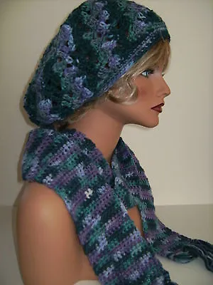 Womens Turquoise Purple Crochet Rasta Hat & Scarf Set Baggy Slouchy Baggie Tam  • $27.99