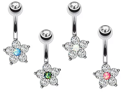 £4.20 • Buy Titanium Bar - Small & Dainty Flower Crystal Belly Bar - 6mm 8mm 10mm 12mm 14mm