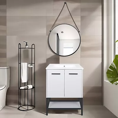 24 Inch Bathroom Vanity Stand Cabinet Ceramic Sink With Overflow White MDF New • $199.99