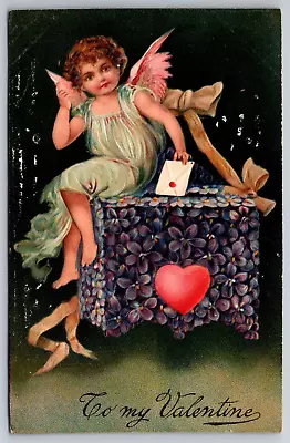 Vintage Postcard Valentines Day Embossed Cupid Red Years Letter Flowers C1913 • $2.15