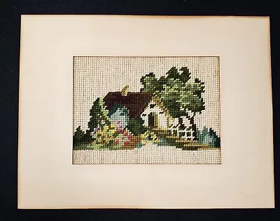 Vintage Needlepoint Cottage Framed Completed Shabby Chic Classic • $18.50