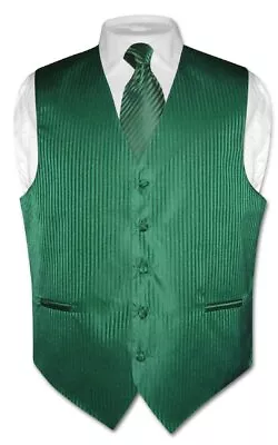 Men's Dress Vest NeckTie EMERALD GREEN Color Vertical Stripe Design Neck Tie Set • $27.95