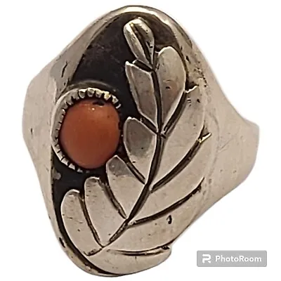 AMAZING VINTAGE NAVAJO CORAL STERLING SILVER LEAF Ingot RING OLDsz10 • $195