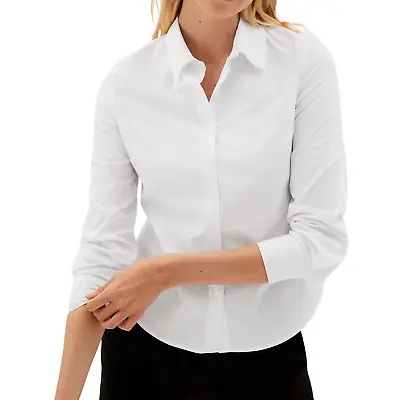 Ladies Cotton Stretchy White Plain Formal Office Party Work Shirts Tops M13 • £9.99
