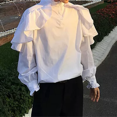 Men Retro Steampunk Ruffled Shirt Top Tuxedo Blouse Victorian Halloween Costume • $53.79