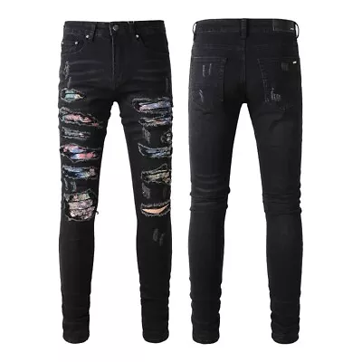 Men's Skinny Fit Stretch Ripped Patches Sanding Washed Distressed Denim Jeans • $59.25