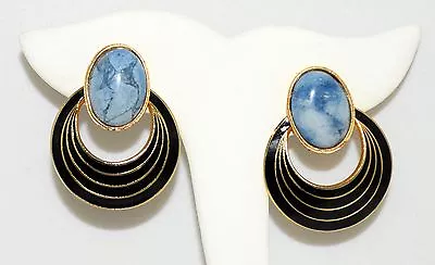 Vtg Mona So Genuine Blue Marbled Sodalite With Black Enamel Hoops Clip Earrings • $34.99