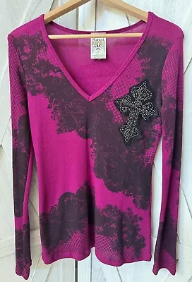 New Vocal Apparel Womens Crystal Magenta Pink Black Cross Shirt XL Extra Large • $30