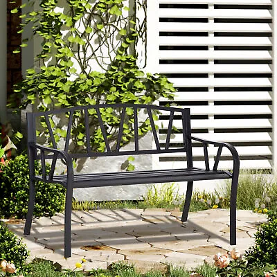 2-Seater Garden Bench Metal Loveseat W/ Decorative Backrest Ergonomic Armrest • £58.99