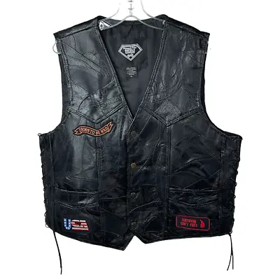 Harley Vest XL Black Diamond Plate Buffalo Leather Lined Snap Front Lace Up Side • $55