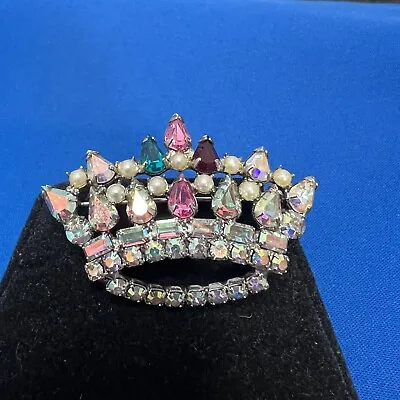 Vintage Unsigned B. David AB Multi Color Rhinestone Pearl Crown Brooch Pin • $24.95