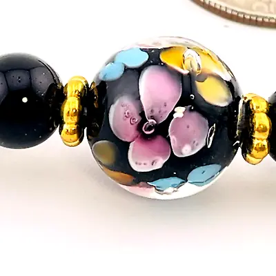 Gold-Tone Black Floral Venetian Glass Beaded Necklace 16  Easter Spring Shower • $33.37