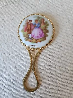 VTG Limoges Fragonard France Courting Couple Gold Tone Porcelain Hand Mirror • $22.99